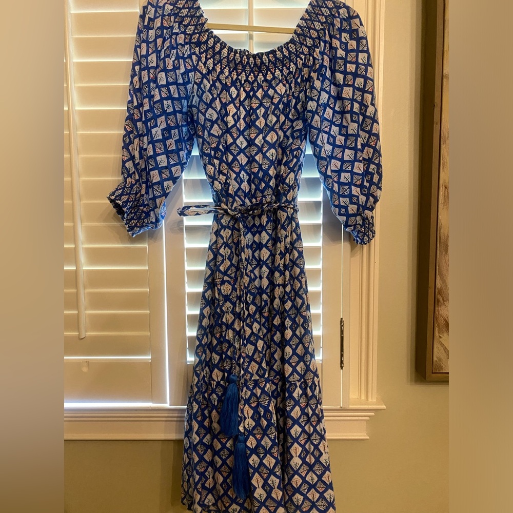 Roller Rabbit Blue Off the Shoulder Dress Large